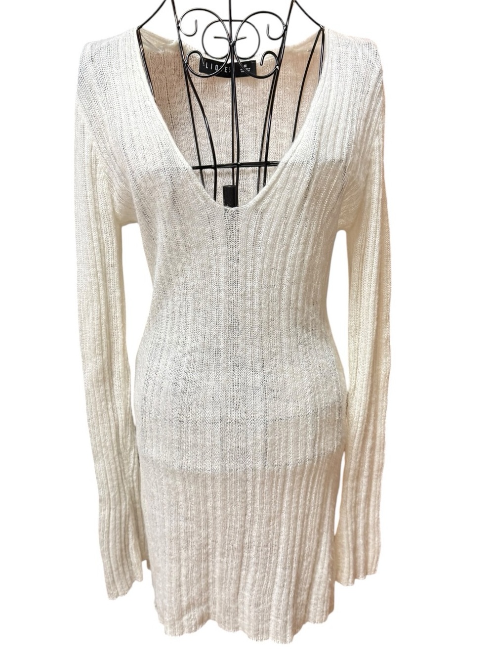 Lioness Cream Ribbed Deep V Long Sleeve Sweater Knit Dress Medium